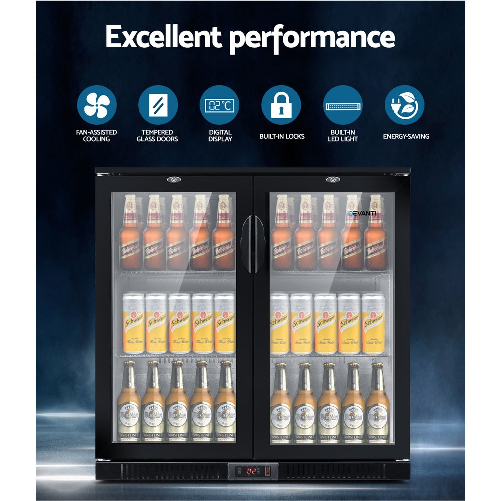 Devanti 198L Dual Glass Door Bar Fridge with Interior Light - Black