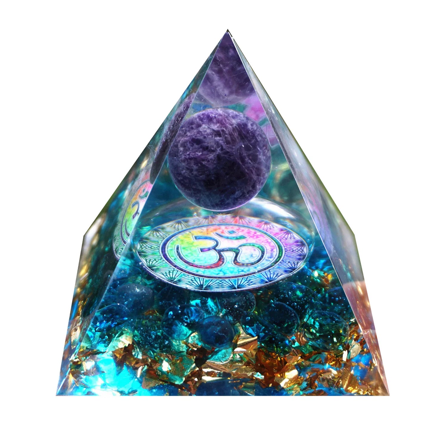 HANDMADE OHM AMETHYST SPHERE BLUE QUARTZ ORGONE PYRAMID - MASS FABRICATIONS 