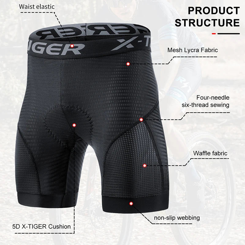 X-TIGER Men's Cycling Underwear Shorts - 5D gel padding - MASS FABRICATIONS 