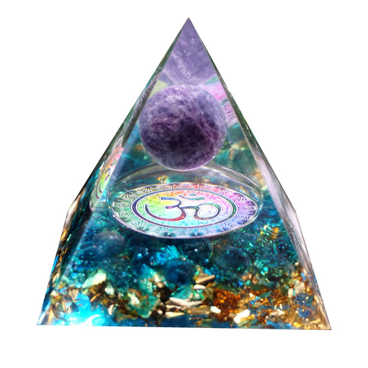 HANDMADE OHM AMETHYST SPHERE BLUE QUARTZ ORGONE PYRAMID - MASS FABRICATIONS 