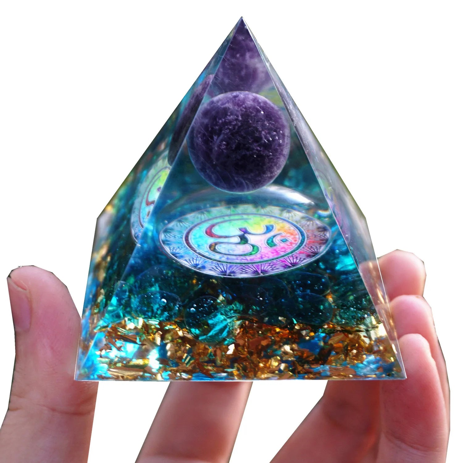 HANDMADE OHM AMETHYST SPHERE BLUE QUARTZ ORGONE PYRAMID - MASS FABRICATIONS 