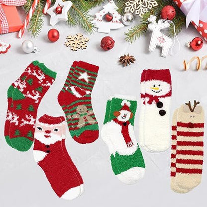 6 Pairs Cozy Christmas Socks for Women & Girls – Plush Fleece