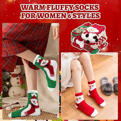 6 Pairs Cozy Christmas Socks for Women & Girls – Plush Fleece