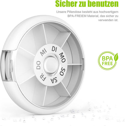 7-Day Round Pill Box – One-Button Release, BPA-Free, Portable – White
