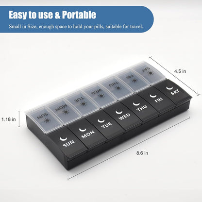 Weekly AM PM Pill Organiser – 7 Day Twice-Daily Pill Box (Black & White)