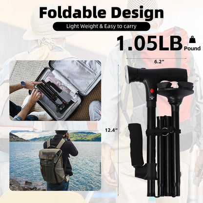 Folding Walking Cane with LED Light & Alarm – Heavy Duty