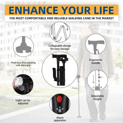 Folding Walking Cane with LED Light & Alarm – Heavy Duty