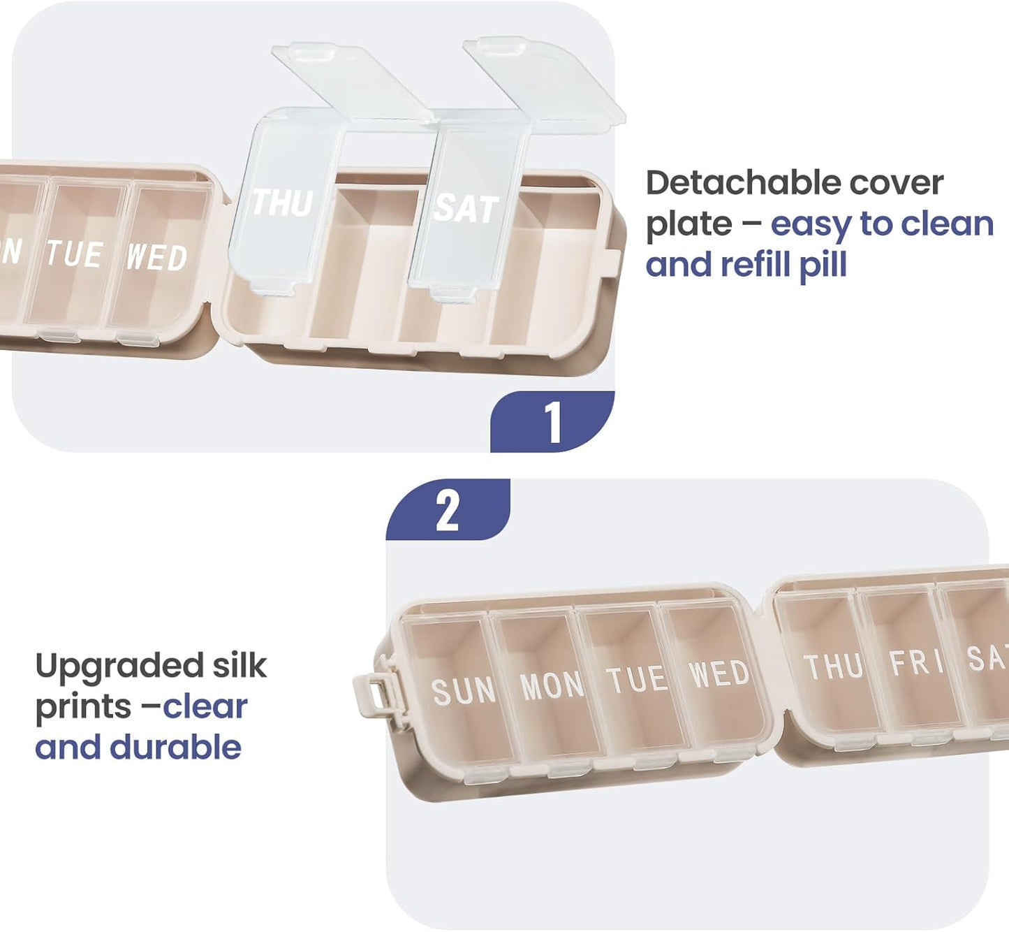 Foldable 7 Day Pill Organiser – Large Compartments with Emergency Storage – Khaki