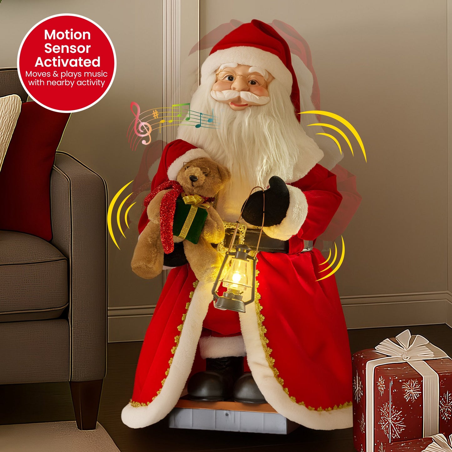 1.1m Musical LED Animated Santa Claus with Lantern – Motion & Sound Activated Christmas Decor