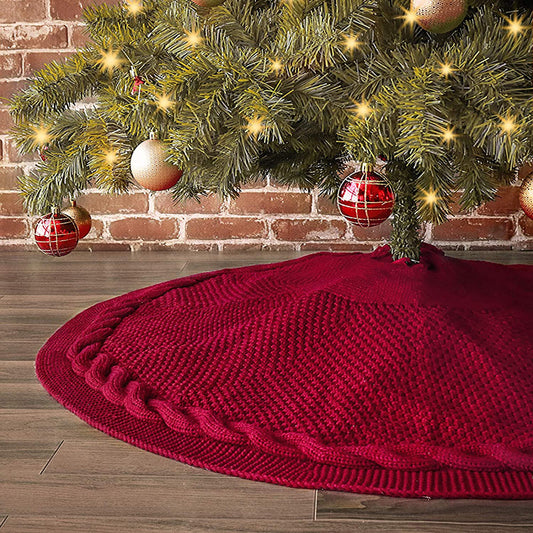 Festive Knit Christmas Tree Skirt – 122cm Red with Pom-Poms