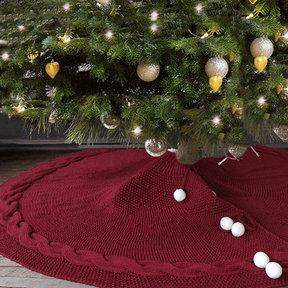 Festive Knit Christmas Tree Skirt – 122cm Red with Pom-Poms