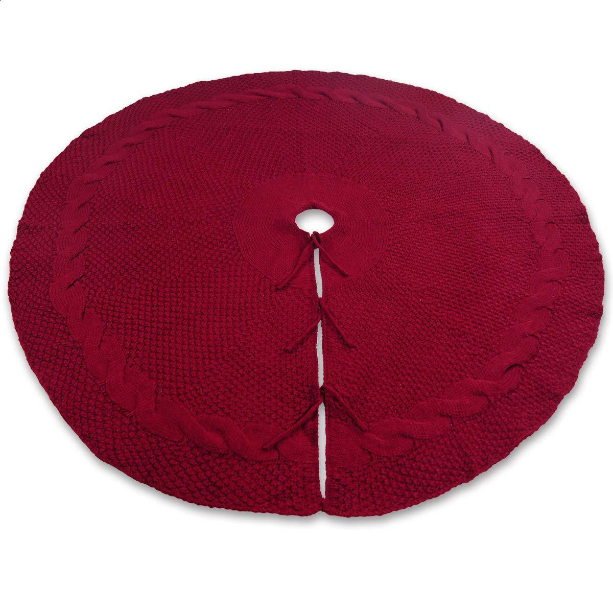 Festive Knit Christmas Tree Skirt – 122cm Red with Pom-Poms