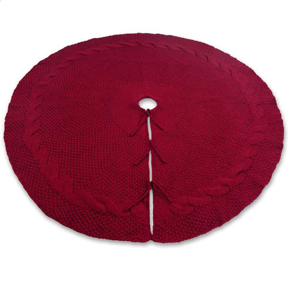Festive Knit Christmas Tree Skirt – 122cm Red with Pom-Poms