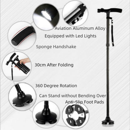 Folding LED Walking Cane – 4-Prong Base, Adjustable 88–98cm