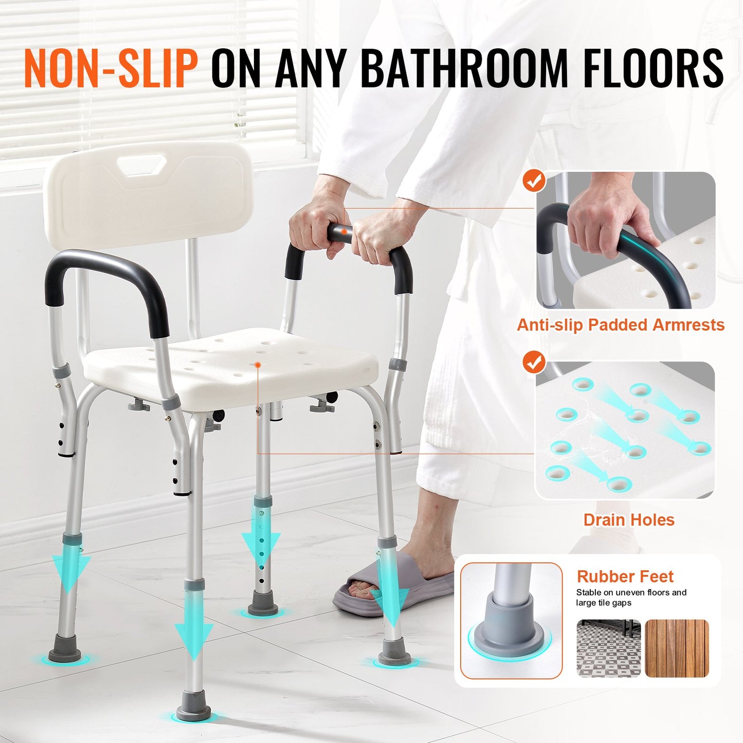 Adjustable Shower Chair with Back & Arms – 158.8kg Capacity