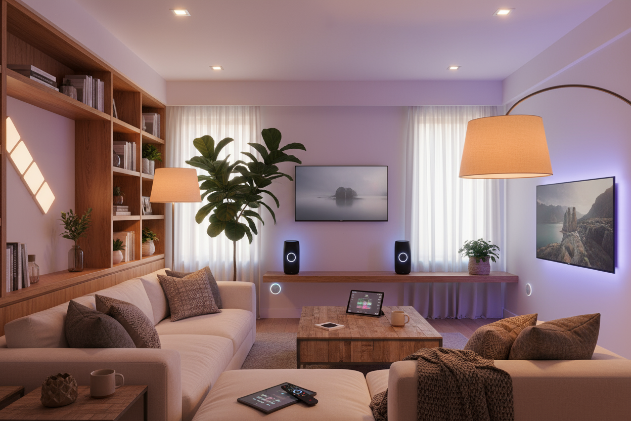 A modern smart home setup — showing connected devices (lights, speakers, sensors) with a cozy home environment.